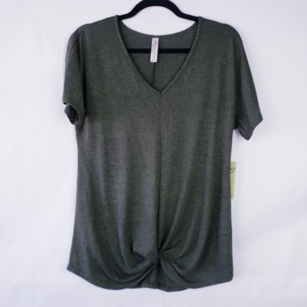 Per seption concept Womens Blouse Knot Waist Stretch V Neck Green Size Small